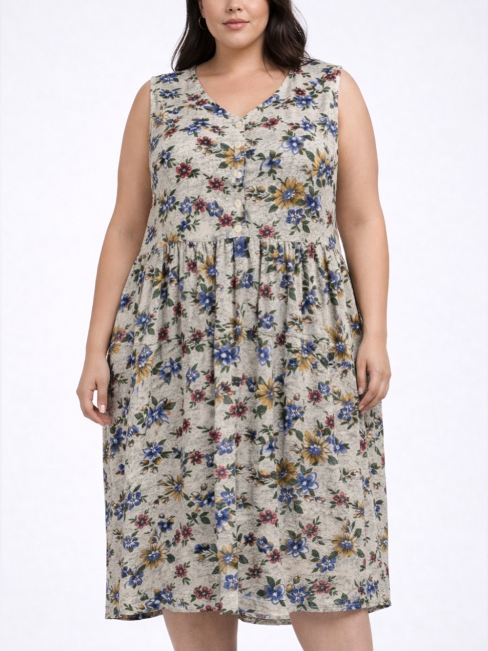 Floral Button-Front Sleeveless Midi Dress -‎ Cream Multi